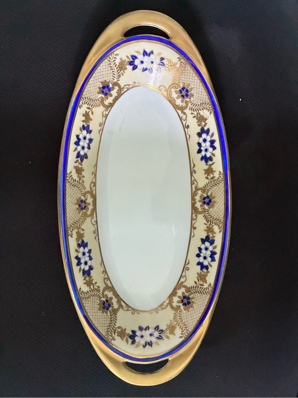 VTG Noritake porcelain Oval Relish Trinket Bowl cobalt blue gold floral decor